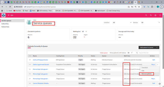 Open MRS error removing patients from service queue 30Mar2026