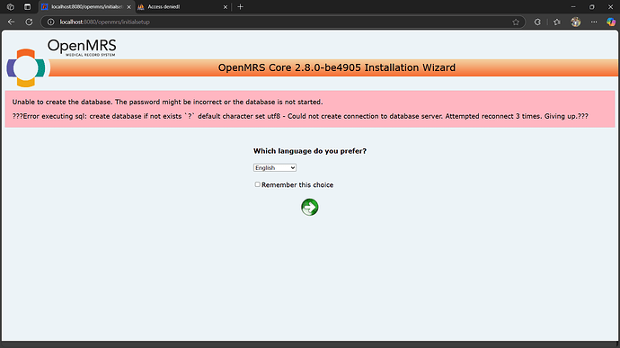 localhost_8080_openmrs_initialsetup and 1 more page - Personal - Microsoft​ Edge 20_04_2025 23_09_13