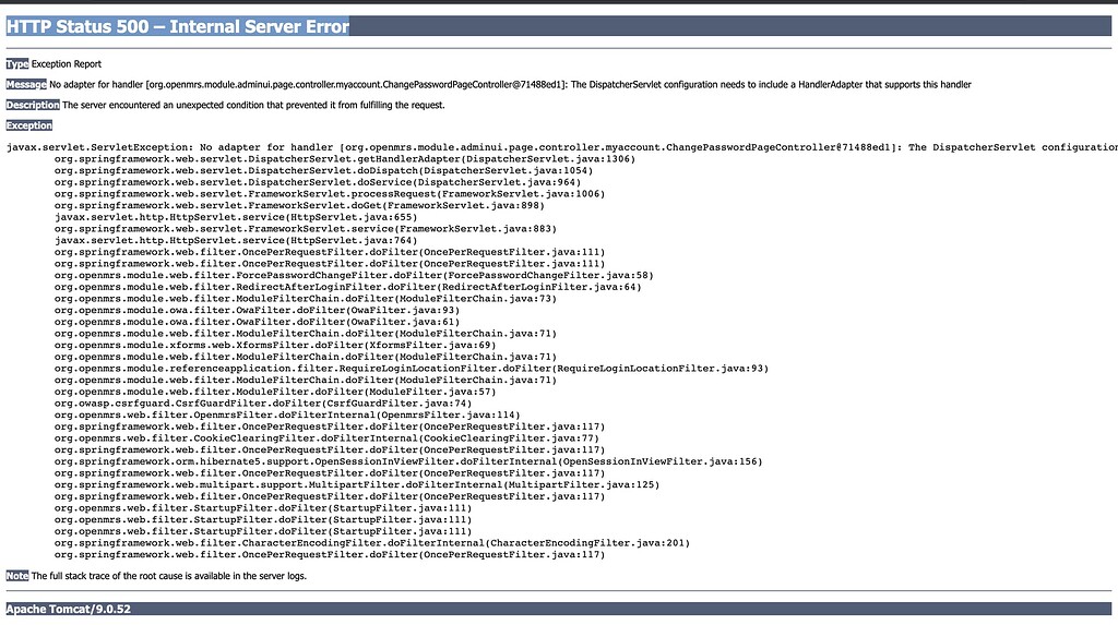 HTTP Status 500 Internal Server Error, when the user is required to change the password upon