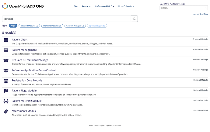 Search results for "patient" showing backend modules, frontend modules, and content packages together, with type filter pills