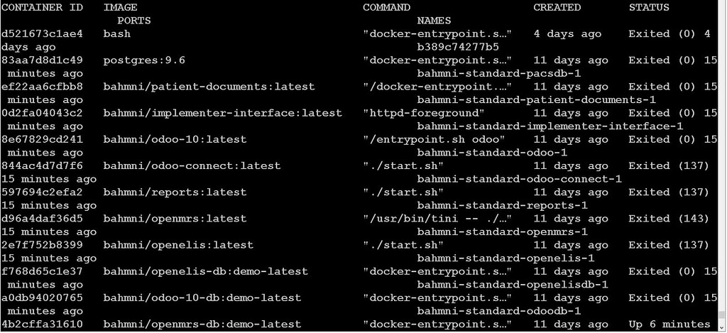 How to restart Bahmni Docker containers status showing exited Bahmni