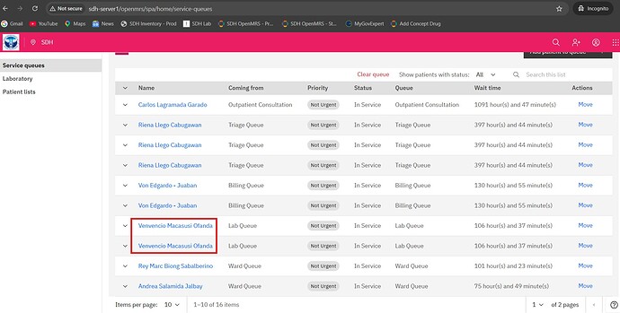 patient duplicated on the service queue 4Apr2026